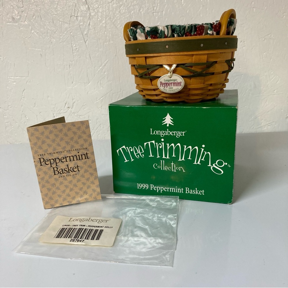 Longaberger 1st Tree Trimming 1999 Peppermint Basket Box Liner Protector Tie On